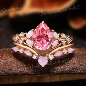Art Deco Pink Sapphire Engagement Ring Set Heart Opal Wedding Rings for Women Birthstone Sapphire Jewelry Promise Anniversary Gift for Her