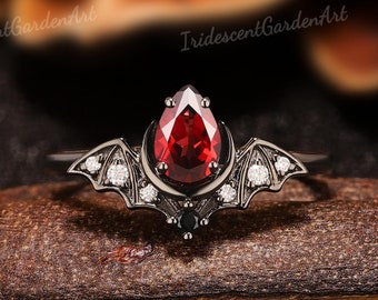 Vampire Pear Cut Garnet Gothic Engagement Ring Moon Black Gold Bat Wings Moissanite Wedding Ring Christmas Gifts for Her Goth Witchy Jewelry