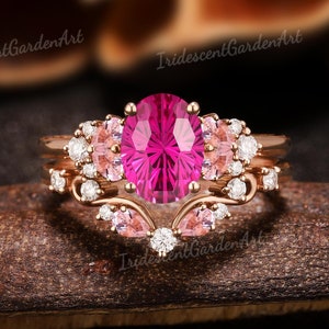 Fireworks Cut Hot Pink Sapphire Engagement Ring Set Solid Gold Moissanite Wedding Ring Set Pink Sapphire Jewelry Valentines Day Gift for Her