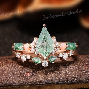 Einzigartige Moos Achat Verlobungsring Set Rose Gold Opal Moissanite Hochzeit Ring Set Natürliche Grüne Moos Achat Schmuck Jahrestag Geschenk für Sie