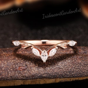 Nature Inspired Moissanite Wedding Band Rose Gold Wedding Rings for Women Leaf Ring Curved Stacking Matching Rings Anniversary Custom Ring