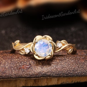 Rainbow Moonstone Engagement Ring Gold Flower Wedding Rings for Women Nature Inspired Twig Ring June Birthstone Ring Graduation Gift for Her