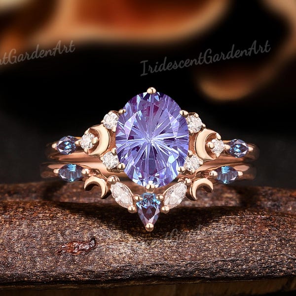 Fantasy Cut Alexandrite Engagement Ring Set Moon Design Alexandrite Ring Set Rose Gold Moissanite Cluster Ring Personalized Gift For Her