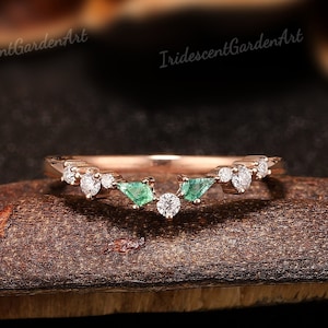 Unique Kite Cut Moss Agate Wedding Band Rose Gold Moissanite Curved Wedding Bands Women Stackable Matching Custom Ring Personalized Jewelry