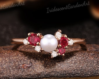 Akoya Pearl Engagement Ring Vintage Ruby Gold Wedding Rings for Women Moissanite Cluster Ring July Birthstone Ring Birthday Gifts for Her