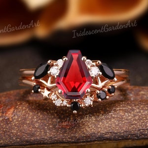 Vampire Coffin Garnet Gothic Engagement Ring Set Gothic Bat Moon Star Wedding Band Gold Black Onyx Wedding Ring Set Halloween Gift for Her