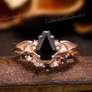 Conjunto de anéis de noivado góticos com asas de morcego, ônix preto, vampiro, ouro maciço, estrela, lua, aliança de casamento, moissanita, presente de Halloween para ela