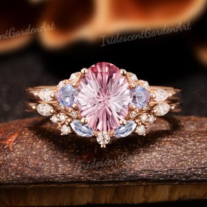 Fireworks Cut Pink Sapphire Engagement Ring Set Heart Lavender Amethyst Ring Rose Gold Wedding Rings For Women Anniversary Gift For Her