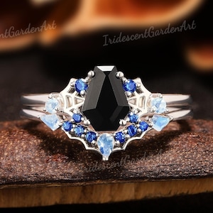 Spider Web Coffin Black Onyx Engagement Ring Set Gothic Gold Royal Blue Sapphire Cluster Ring Moonstone Wedding Ring Set Witchy Jewelry