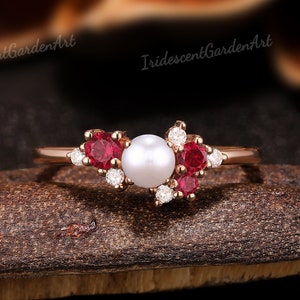 Akoya Pearl Engagement Ring Vintage Ruby Gold Wedding Rings for Women Moissanite Cluster Ring July Birthstone Ring Birthday Gifts for Her