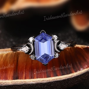 Hexagon Sapphire Engagement Ring Gothic Wedding Ring Black Gold Moissanite Rings for Women September Birthstone Handmade Sapphire Jewelry