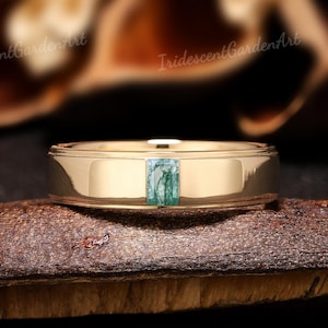 5MM Baguette Cut Moss Agate Mens Wedding Band 14K Solid Gold Mens Engagement Ring Polished Band His and Hers Ring Anniversary Gift For Him