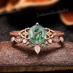 Art Deco Moosachat Verlobungsring Set Sechseck Trauringe für Frauen Opal Gebogenes Ehering Einzigartiges Jahrestagsgeschenk Handgemachtes Ringset