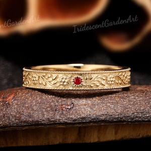 Vintage Natural Ruby Wedding Band Yellow Gold Filigree Wedding Band Leaf Flower Engrave Milgrain Ring Stackable Matching Rings For Women