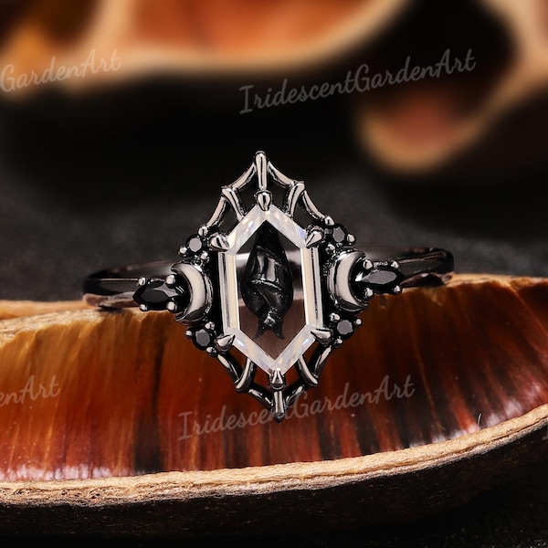 Gothic Bat Spider Web Black Gold Ring Hexagon Pixel Cut Moissanite Engagement Ring Goth Moon Black Onyx Ring Unique Witchy Gifts For Her