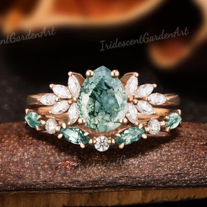 Art Deco Green Moss Agate Engagement Ring Set Rose Gold Moissanite Wedding Ring Set Anniversary Best Gifts for Her Moss Agate Jewelry