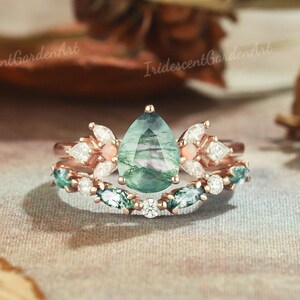 Natural Green Moss Agate Engagement Ring Set Rose Gold Moissanite Cluster Wedding Ring Set Unique Anniversary Ring Moss Agate Jewelry