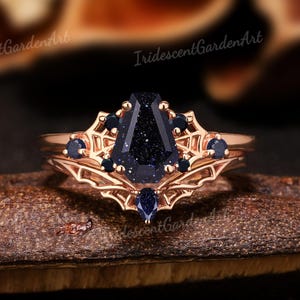 Coffin Blue Sandstone Engagement Ring Set Black Onyx Wedding Ring Set Spider Web Gothic Rings For Women Halloween Jewelry Dark Academia Art