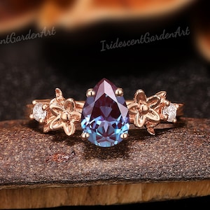 Art Deco Alexandrite Engagement Ring Nature Inspired Flower Ring Rose Gold Alexandrite Wedding Rings for Women Anniversary Gift for Her