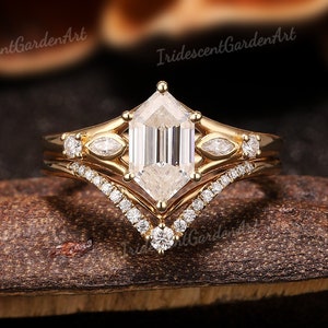 Unique Hexagon Moissanite Engagement Ring Set Gold Spilt Minimalist Rings for Women Moissanite Curved Wedding Band Promise Bridal Ring Set