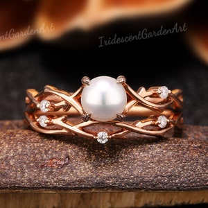 Akoya Pearl Engagement Ring Set Gold Rings for Women Twist Branch Ring Promise Anniversary Birthstone Wedding Ring Personalized Gift for Her