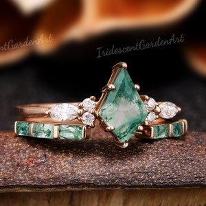 Vintage Kite Moss Agate Engagement Ring Set Solid Gold Moissanite Cluster Rings for Women Unique Baguette Wedding Ring Set Anniversary Gift