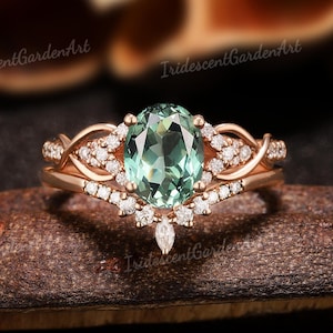 Vintage Grün Saphir Verlobungsring Set Rose Gold Moissanite Ehering Set Grüner Saphir Schmuck Jahrestag Beste Geschenke für Sie