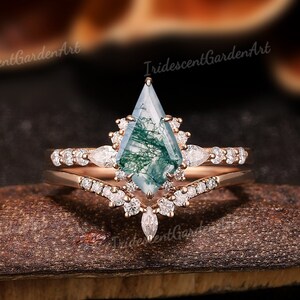 Kite Natural Green Moss Agate Engagement Ring Set Moissanite Cluster Wedding Ring Set Gold Rings for Women Promise Anniversary Gift for Her