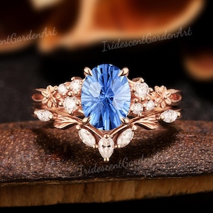 Fireworks Cut Cornflower Sapphire Engagement Ring Set Nautre Inspired Flower Leaf Ring Gold Moissanite Wedding Ring Set Personalized Gift