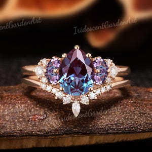 Anillo de compromiso Art Déco de alejandrita y racimo de amatista, anillo de boda de moissanita de oro rosa para mujer, joyería con piedra natal de junio.