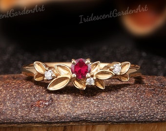 Vintage Ruby Ring Nature Inspired Leaf Ring 14k Gold Diamond Wedding Bands Women July Birthstone Ring Anniversary Gift for Her Ruby Jewelry