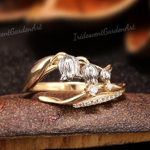 Lily of Valley Floral Ring Gold Two Tone Rings for Women Birth Flower Engagement Ring Diamond Wedding Ring Personalized Best Gifts for Her
