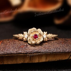 Poppy Birth Flower Ring Ruby Gold Engagement Ring Art Deco Diamond Wedding Nature Inspired Leaf Floral Ring Personalized Gift For Her