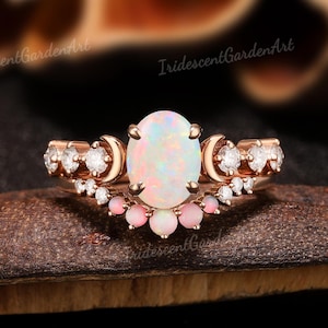 Fire Opal Engagement Ring Set Moon Solid Gold Moissanite Wedding Ring Set for Women Opal Wedding Band October Birthstone Ring Opal Jewelry