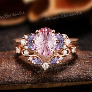 Fireworks Cut Pink Sapphire Engagement Ring Set Amethyst Diamond Wedding Ring Set Brilliant Pink Sapphire Jewelry Anniversary Gift for Her