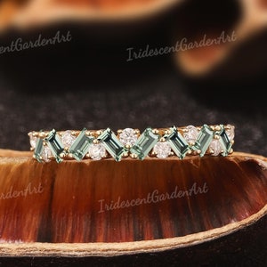 Vintage Green Sapphire Wedding Band Rose Gold Moissanite Wedding Rings for Women Anniversary Best Gifts for Her Green Sapphire Jewelry