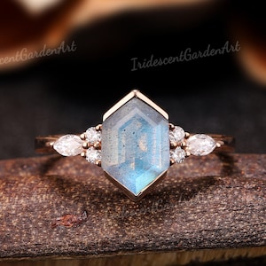 Unique elongated hexagon labradorite engagement ring moissanite cluster wedding rings for women art deco birthstone ring custom gift for her