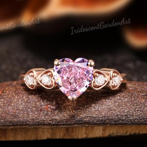 Heart Shaped Pink Sapphire Engagement Ring Moissanite Wedding Ring Rose Gold Padparadscha Rings for Women Anniversary Birthday Gifts for Her
