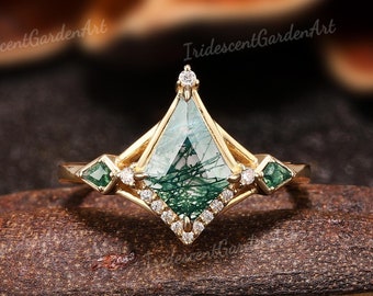 Anillo de compromiso vintage con forma de cometa y ágata musgosa, anillo de bodas de oro macizo y moissanita, anillo de ágata verde, joyería personalizada hecha a mano para aniversario