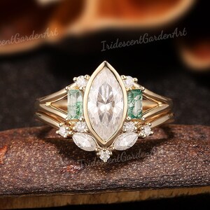 Marquise Moissanite Engagement Ring Set Natural Moss Agate Ring Solid Gold Bezel Moissanite Wedding Rings for Women Anniversary Gift for Her