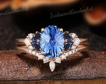 Conjunto de anéis de noivado de safira com corte de fogos de artifício, conjunto de anéis de casamento de ouro e diamante de arenito azul, joias de safira com pedra de nascimento de setembro