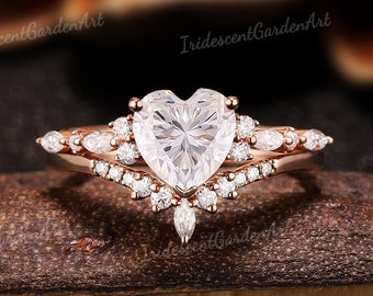 Heart Moissanite Engagement Ring Set Gold Moissanite Cluster