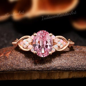Oval Cut Pink Sapphire Engagement Ring Natural Opal Cluster Wedding Ring Rose Gold Rings For Women Pink Sapphire Jewelry Personalized Gift