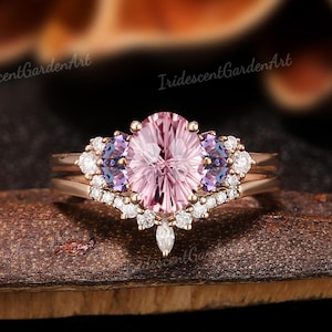 Fireworks Cut Pink Sapphire Engagement Ring Set Amethyst Moissanite Wedding Ring Set September Birthstone Brilliant Pink Sapphire Jewelry