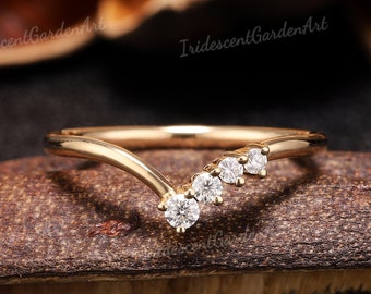 Unique Moissanite Curved Wedding Band Women Gold Diamond Pave Ring Matching Ring Band Chevron Band Anniversary Gift Women Christmas Unique
