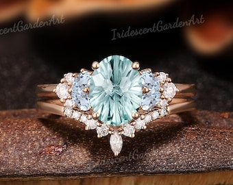 Conjunto de anéis de noivado com safira verde-claro e corte de fogos de artifício, conjunto de anéis de casamento com diamantes e ouro-água-marinha, anel de safira brilhante, presente de aniversário