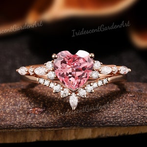 Heart Pink Sapphire Engagement Ring Set Moissanite Wedding Rings for Women Padparadscha Sapphire Ring Anniversary Personalized Gift for Her