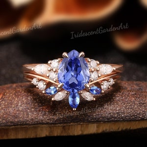 Cornflower Blue Sapphire Engagement Ring Rose Gold Rings for Women Moissanite Wedding Ring Set Anniversary Gift for Her Sapphire Jewelry