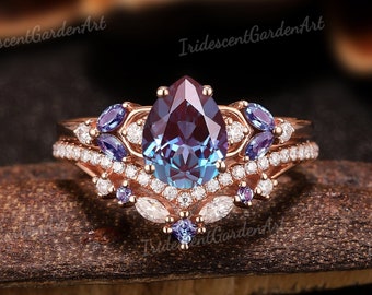 Alexandrite Engagement Ring Set Moissanite Cluster Wedding Ring Set Rose Gold Rings for Women Curved Wedding Band Anniversary Gift for Her