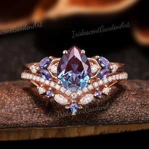 Alexandrite Engagement Ring Set Moissanite Cluster Wedding Ring Set Rose Gold Rings for Women Curved Wedding Band Anniversary Gift for Her